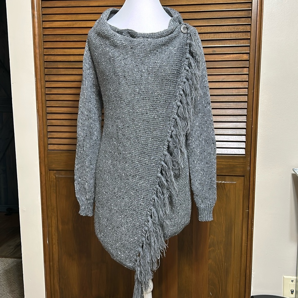 CEASIKERY Draped Collar Tassel Detail Asymmetrical Hem Gray Sweater Size S